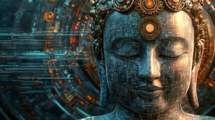 Wall Mural - Close-up of a serene Buddha statue with a futuristic, circuit-board design.