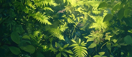 Wall Mural - Vertical painting of lush green fern leaves nestled in a dark wooded environment Fresh fronds create a natural backdrop with a soft focus and shallow depth of field