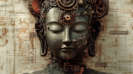 Wall Mural - Close-up of a serene Buddha statue with a steampunk design.