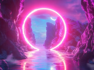 Poster - Futuristic neon landscape featuring a time portal in a 3D illustration