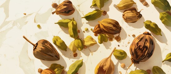 Artwork showcasing elegant cardamom pods and cloves arranged on a marble countertop