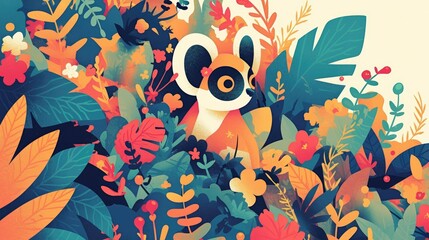 Wall Mural - Vector illustration featuring a playful lemur among tropical foliage and flowers showcasing a vibrant childlike design