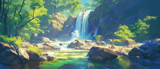 Wall Mural - Summer canyon waterfall painting capturing the beauty of a natural landscape