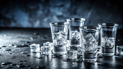 Vodka shots glasses with ice on dark stone background for bar and party decor