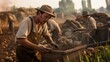© angel_nt - Harvesters are diligently gathering potatoes as the sun sets behind them, highlighting the hard work and cooperation involved in traditional farming practices in the countryside
