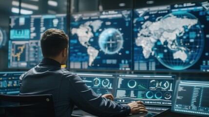 Poster - A person analyzes global data visualizations and analytics in a modern control room filled with digital displays during the late evening