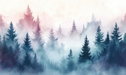 Wall Mural - Misty forest watercolor backdrop