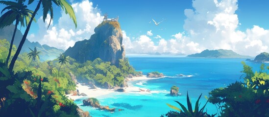 Painting of a tropical island surrounded by jungle featuring a mobile phone network mast amidst a serene sea landscape