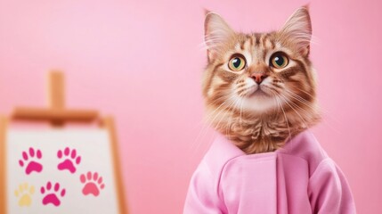 Sticker - A cat wearing a pink robe with paws painted on the wall, AI