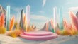 © NFTNexus - Surreal 3D rendering of a landscape featuring a round podium surrounded by colorful grass and sand set against abstract glass shapes and objects in a futuristic fantasy scene