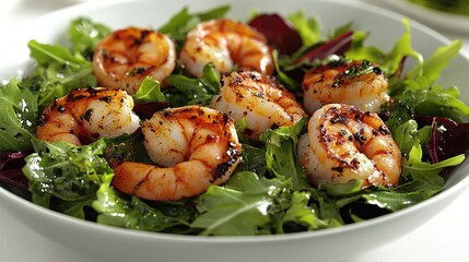 Wall Mural - Juicy grilled shrimp are beautifully arranged over vibrant mixed greens