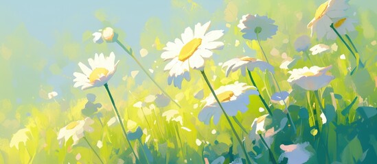 Wall Mural - Blooming Oxeye daisies with white flowers in spring close up of wild daisies thriving in a meadow complemented by chamomiles against a lush green grass backdrop