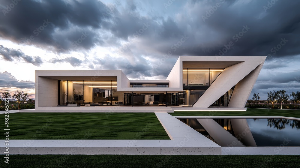 View of Serenity in Modern Geometry Minimalist Luxury House with Dramatic ...
