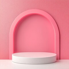 A modern pink backdrop with an elegant arch and a white platform, perfect for product displays and artistic presentations.