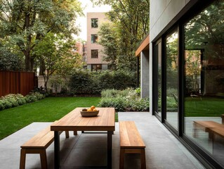 Tranquil Outdoor Patio Retreat with Wooden Table and Fruit Bowl, Modern Architecture and Lush Greenery. Relaxing Contemporary Scene for Real Estate, Lifestyle, and Relaxation Concepts