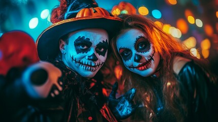 Vibrant Day of the Dead celebration with two sugar skull faces painted in striking detail, illuminated by colorful bokeh lights in the background.