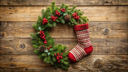 Christmas sock and wreath decorations on rustic wood background for holiday season celebration