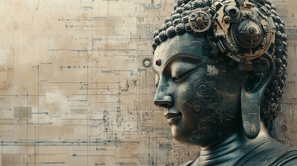 Wall Mural - Steampunk Buddha head with intricate gears and cogs, set against a background of faded blueprints.