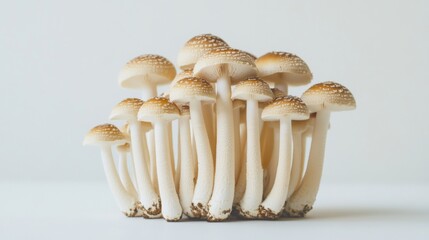Poster - A neat cluster of Yanagi mushrooms standing upright on a minimalist white surface, with the slender stems creating an elegant vertical composition