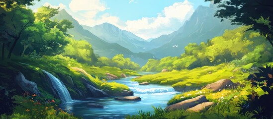 Scenic landscape featuring vibrant flora and natural beauty with a gentle river flowing through a lush green valley Ideal for nature and outdoor themes