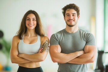 Portrait of two confident fitness trainers standing with arms crossed in a gym.