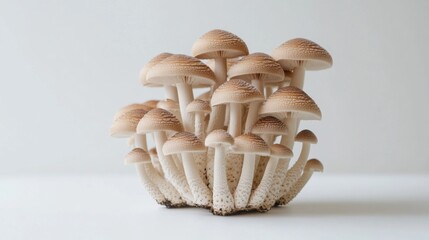 Poster - A neat cluster of Yanagi mushrooms standing upright on a minimalist white surface, with the slender stems creating an elegant vertical composition