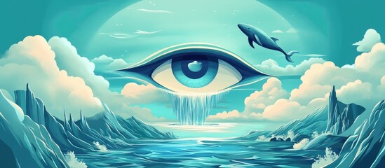 2d illustration of a landscape featuring an eye clouds water and a whale Tattoo design concept Suitable for cards posters banners and t shirt prints