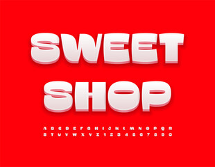 Wall Mural - Vector trendy advertisement Sweet Shop. Elegant White 3D Font. Artistic Alphabet Letters and Numbers set.