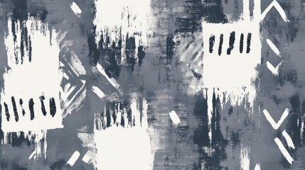 Gray Ink Abstract with White Ethnic Texture and Dyed Patterns Gray Grain Print features Light Geometric Textiles Vintage Tribal Paint and Gray Tie Dye effects combined with White Ethnic Dye and Re