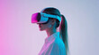 © VERTEX SPACE - A woman wearing virtual reality headset is immersed in digital world, showcasing blend of technology and modern lifestyle. vibrant lighting enhances futuristic atmosphere
