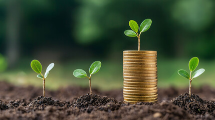 Golden coin stacks with seedlings symbolize eco friendly growth and investment in sustainability. This image captures essence of nurturing nature while promoting financial prosperity