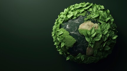 Poster - A conceptual image of the Earth covered with green leaves and foliage, symbolizing environmental conservation, sustainability, and nature protection against a dark background.