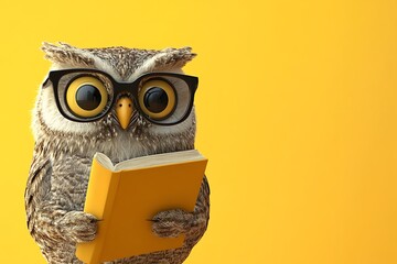 Wise owl wearing glasses reading a book on yellow background