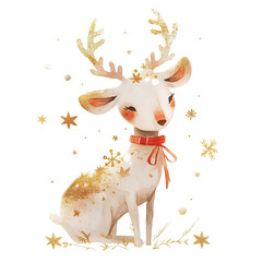 Poster - A deer with a red hat and a scarf is standing in front of a Christmas tree. The image has a festive and joyful mood, as it depicts a cute and playful scene of a deer dressed up for the holidays