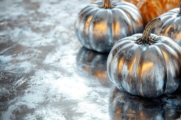 closeup painted metallic silver pumpkins on metal background with copy space