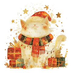 Poster - A cat wearing a red Santa hat and a red ribbon around its neck. The cat is sitting in front of a Christmas tree with berries