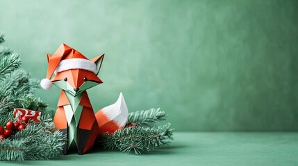 Wall Mural - Holiday origami paper fox in Christmas setting