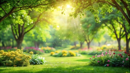 Wall Mural - lush green bokeh garden park outdoor nature abstract background for vibrant spring photoshoots
