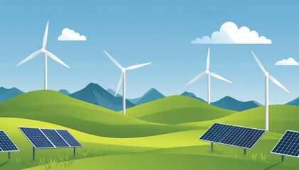 A vibrant illustration of green hills with solar panels and wind turbines, showcasing the potential of renewable energy to sustain the world.