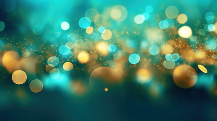 Wall Mural - Blur bookeh gold lights or flashes on a vivid cyan color background