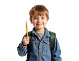 smiling student boy holding pencil and wearing backpack isolated on white background