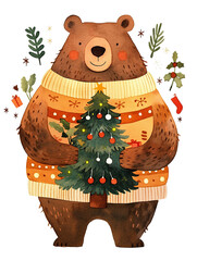 Wall Mural - A bear is holding a Christmas tree in its paws. The bear is wearing a sweater and he is happy