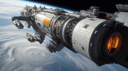 Wall Mural - A detailed depiction of a large, futuristic spacecraft in orbit above a planet with visible atmospheric clouds. The spaceship has multiple modules and glowing orange lights.