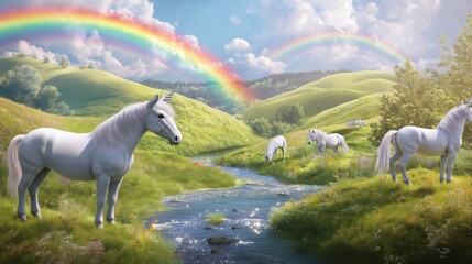 Canvas Print - Fantasy landscape featuring several white unicorns grazing by a sparkling stream in a lush, green meadow with colorful rainbows arching across a partly cloudy sky.