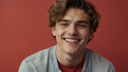 Wall Mural - teenage white man on pastel red background model close-up smiling with beautiful teeth for ad concept space for text