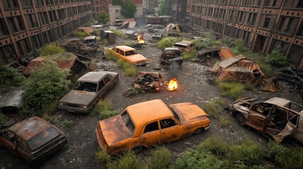 Wall Mural - Abandoned urban area with numerous rusty, damaged cars and makeshift shelters. Sparse vegetation and small fires accentuate the desolate scene surrounded by dilapidated buildings.