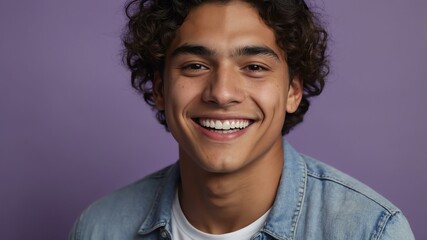 Wall Mural - teenage hispanic man on pastel purple background model close-up smiling with beautiful teeth for ad concept space for text