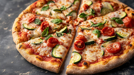 Vegan pizza with plant-based cheese and fresh vegetables like zucchini and tomatoes, close-up of toppings, crispy thin crust, vivid colors, natural light