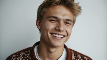 Wall Mural - teenage finnougric man on white background model close-up smiling with beautiful teeth for ad concept space for text