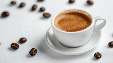 Freshly roasted coffee beans and a cup of espresso isolated on a white background